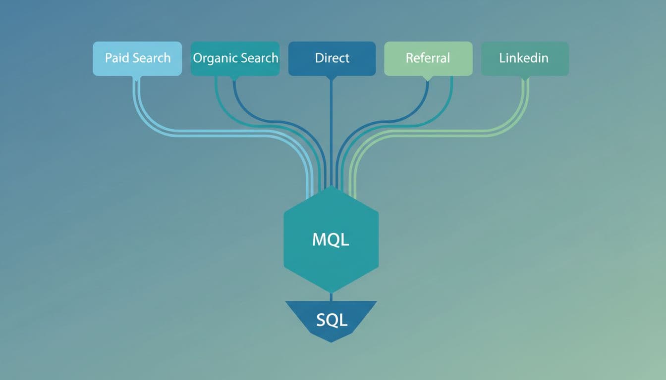 Clean blue-green illustration of B2B lead funnel with paths from paid search, organic search, direct, referral, and LinkedIn to MQL and SQL stages.