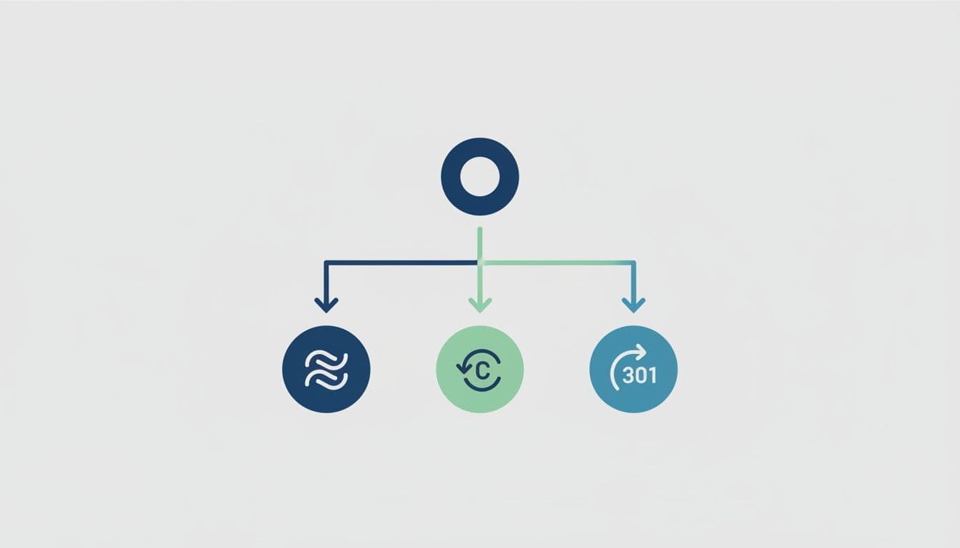 Decision tree infographic with three simple icons for merge, canonical, and redirect options in blues and greens on neutral background.