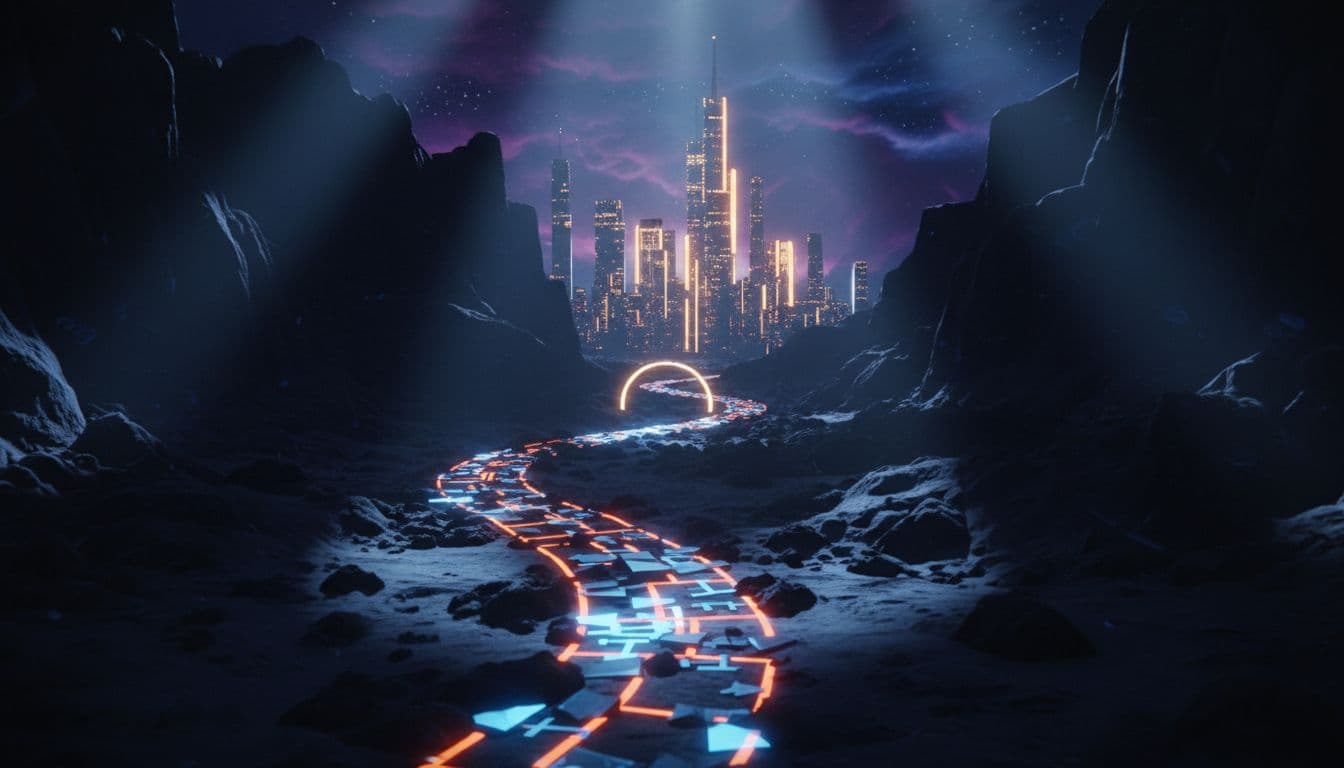 A winding illuminated path travels through a dark landscape toward a distant glowing horizon. Stark contrasts and dramatic lighting emphasize the transition between the foreground shadows and the bright destination.