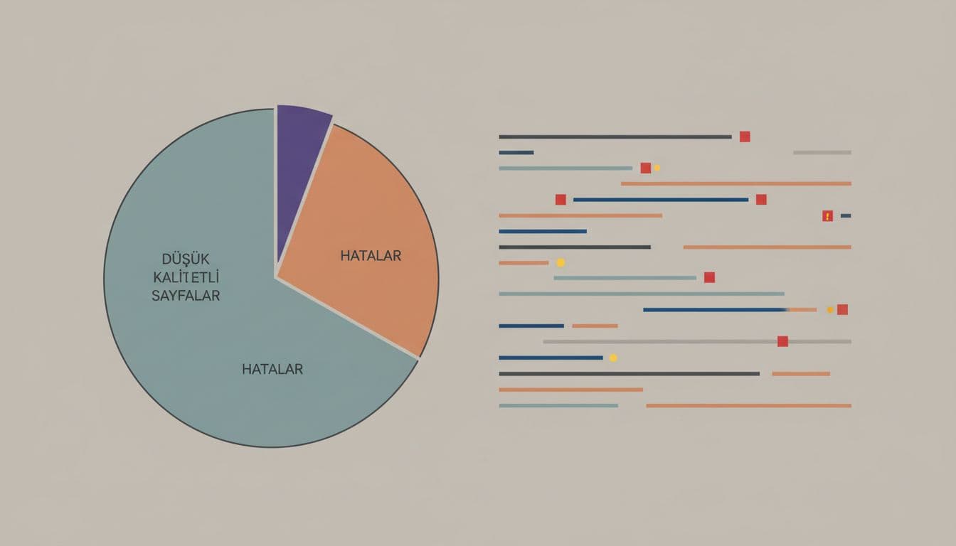 Pie chart shows budget split for low-quality pages, errors, and important pages, next to server log lines.