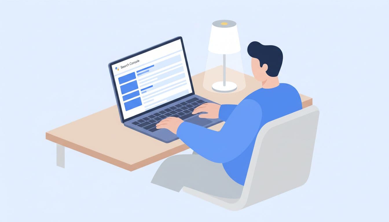 Data analyst in relaxed pose views BigQuery console with Search Console dataset tables on angled laptop screen at clean desk.