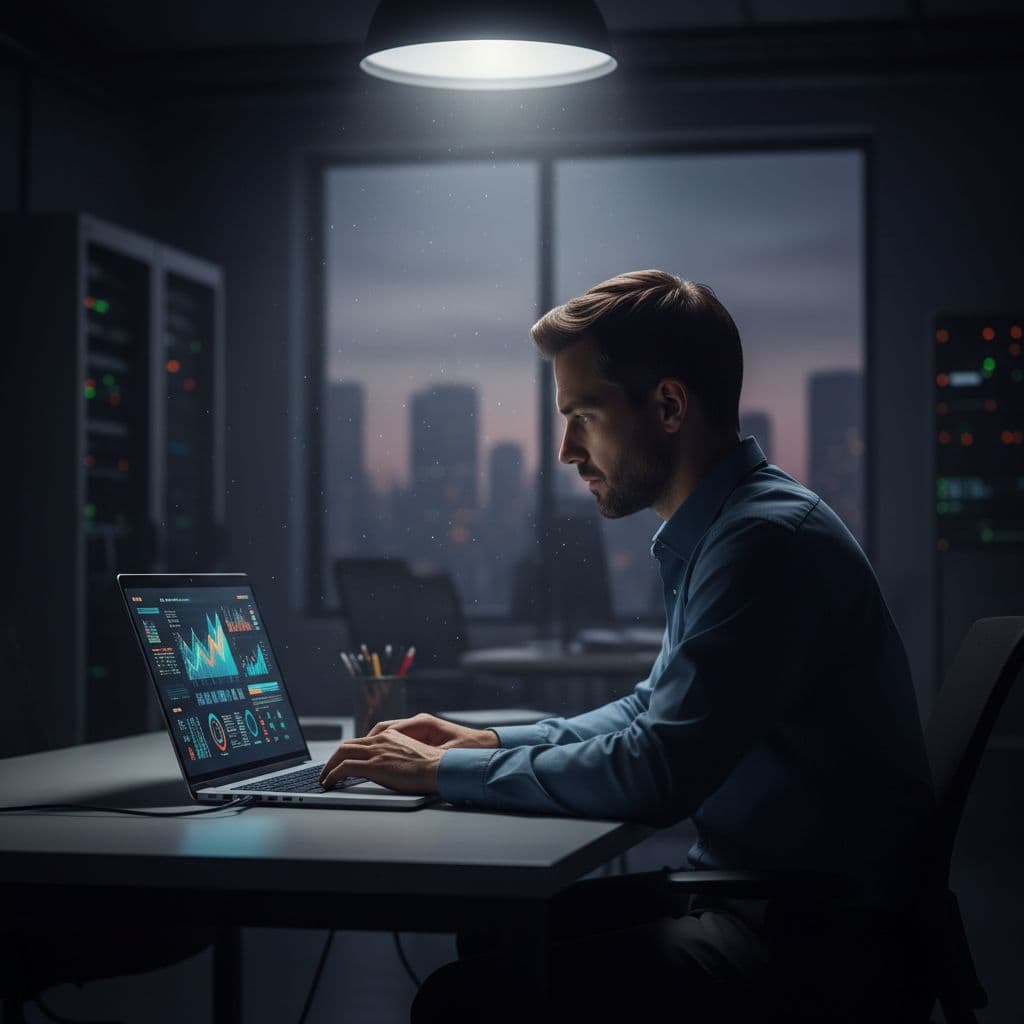 A focused professional analyzes complex data visualizations on a laptop in a dimly lit office.