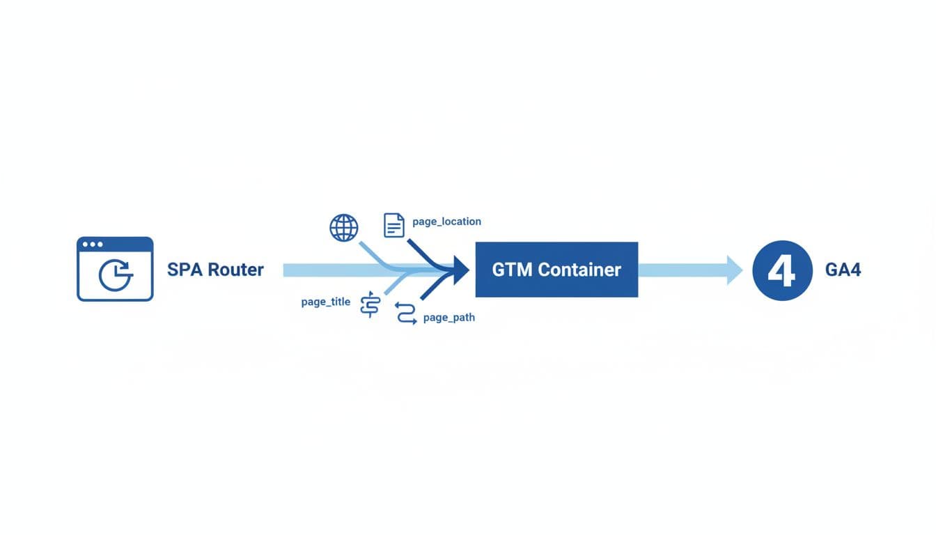 SPA router'dan GTM ve GA4'e giden dataLayer akışı çizimi