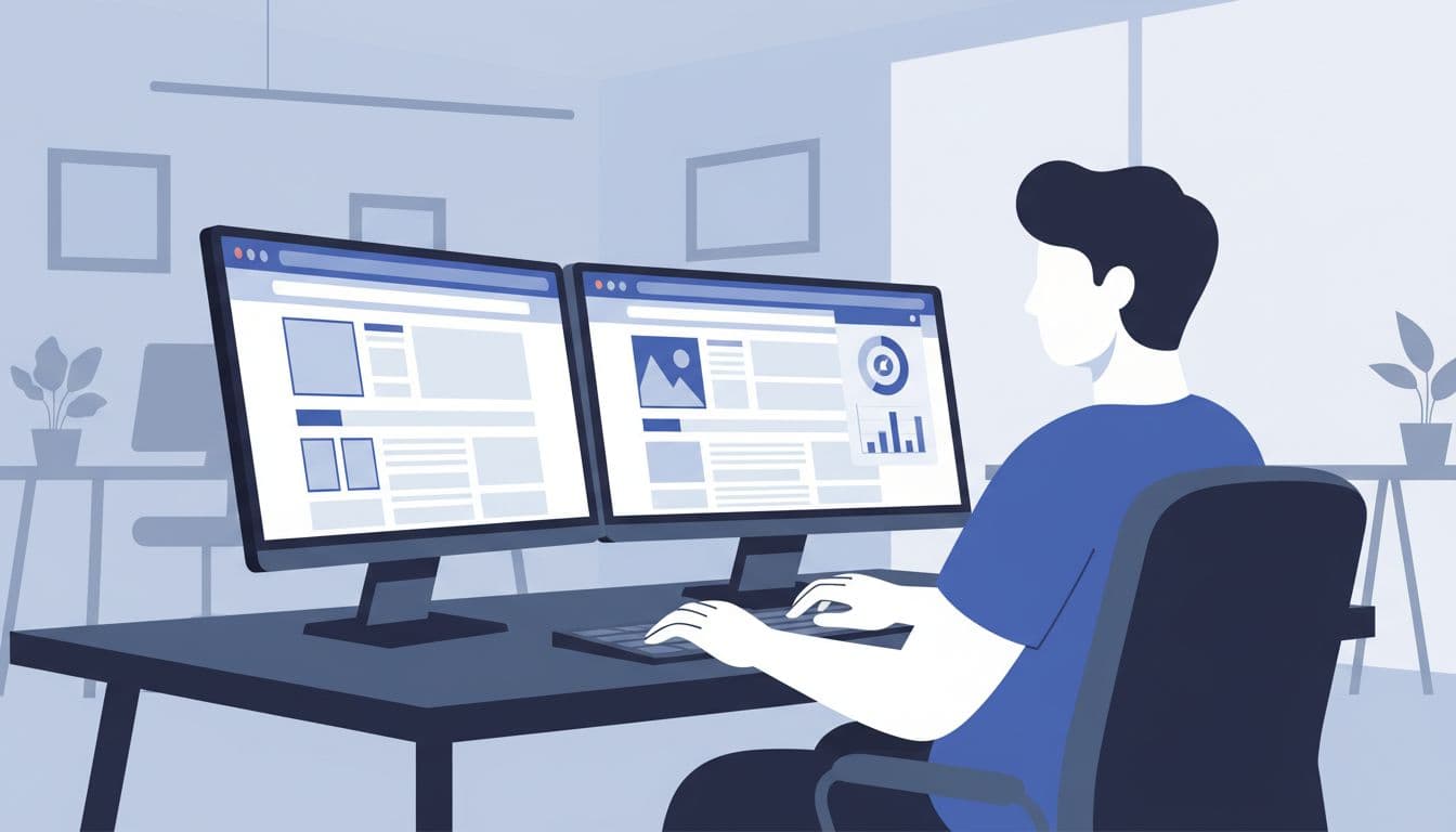 Developer at desk views incomplete web pages on dual monitors with Lighthouse tool nearby.