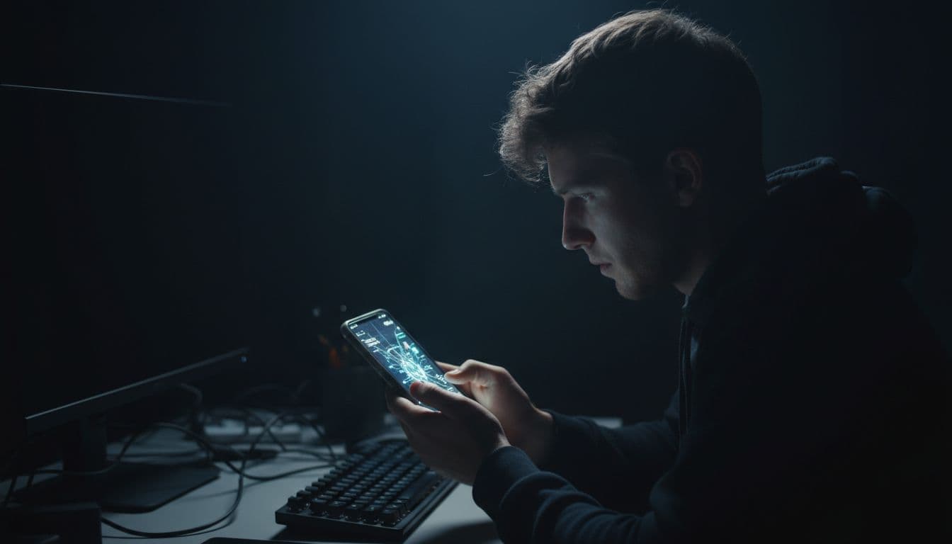 A developer sits in a dark room illuminated by a smartphone screen while analyzing website rendering.