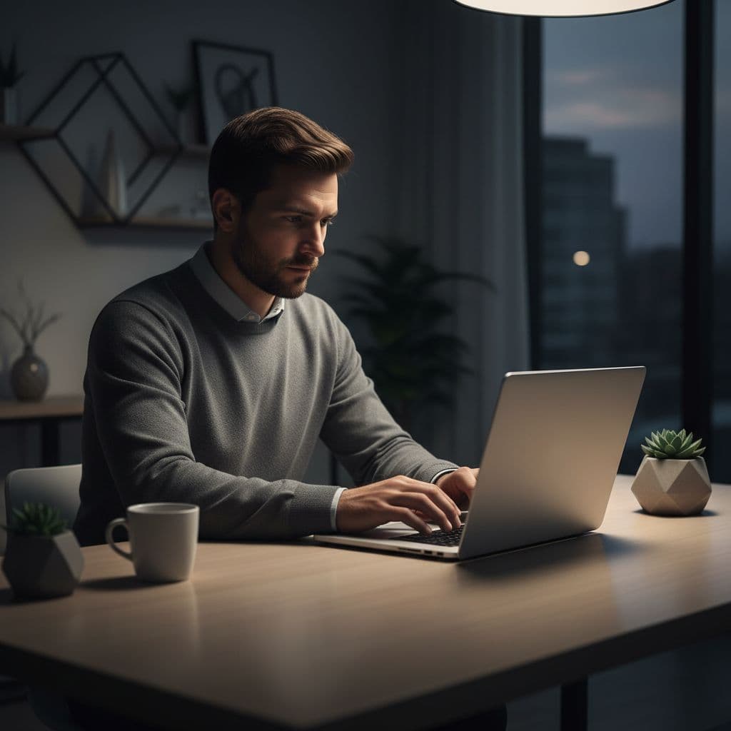 A focused professional works on a laptop at a clean, minimalist desk in a modern office.