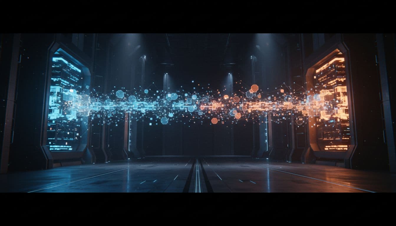 Digital information flows as organized light patterns between two distinct nodes against a dark background.