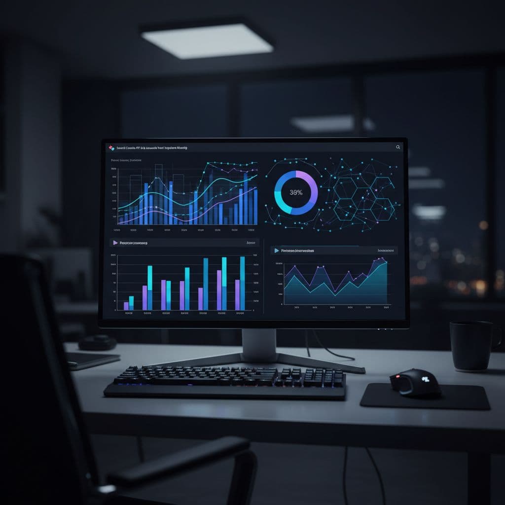 A computer monitor displays abstract performance charts and data analytics in a dimly lit professional office space.