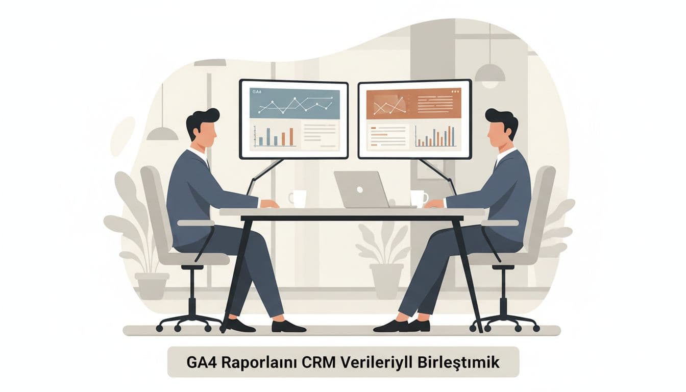 Two analysts in modern office review GA4 dashboard and CRM pipeline on dual screens.