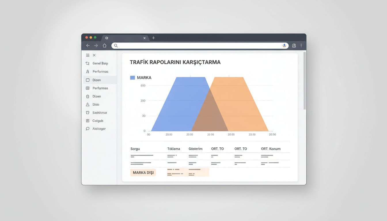 Desktop browser window displays Google Search Console performance graphs and tables highlighting branded and non-branded traffic.