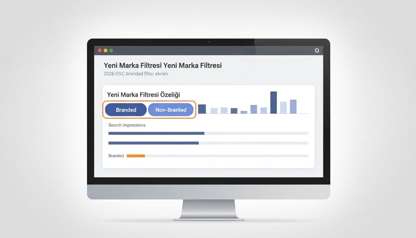 Desktop screen shows Google Search Console with open brand filter panel highlighting branded and non-branded options plus simplified charts.
