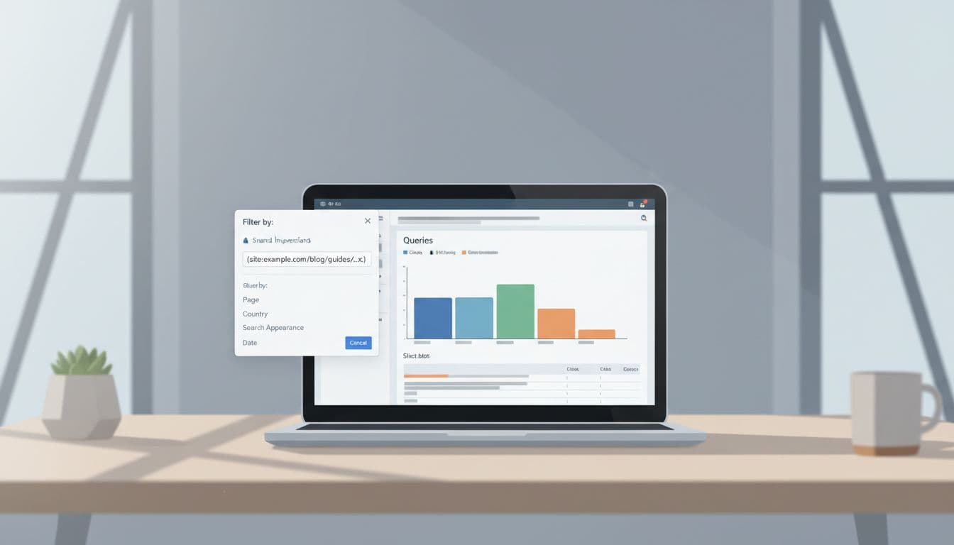 Laptop screen shows Google Search Console queries report with open filtering panel and regex query on clean office desk.