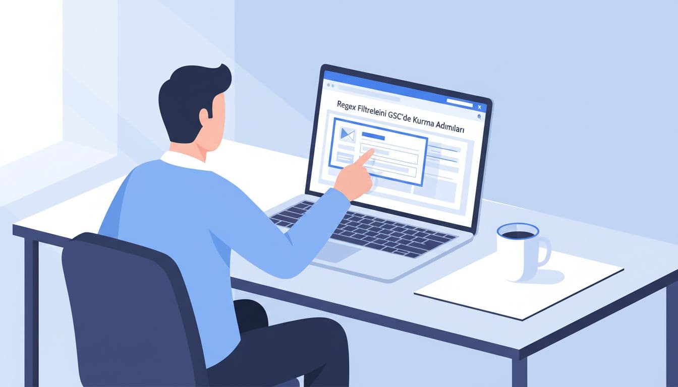 Person points at laptop screen showing Google Search Console performance report with regex filter open on clean desk with coffee mug.