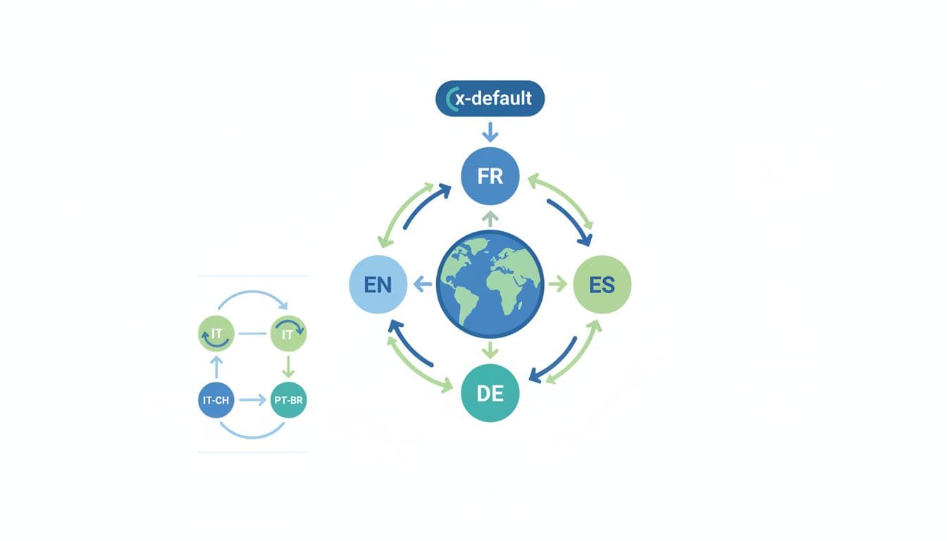 World map with language flags connected by bidirectional arrows, central x-default hub, and self-referencing loop.