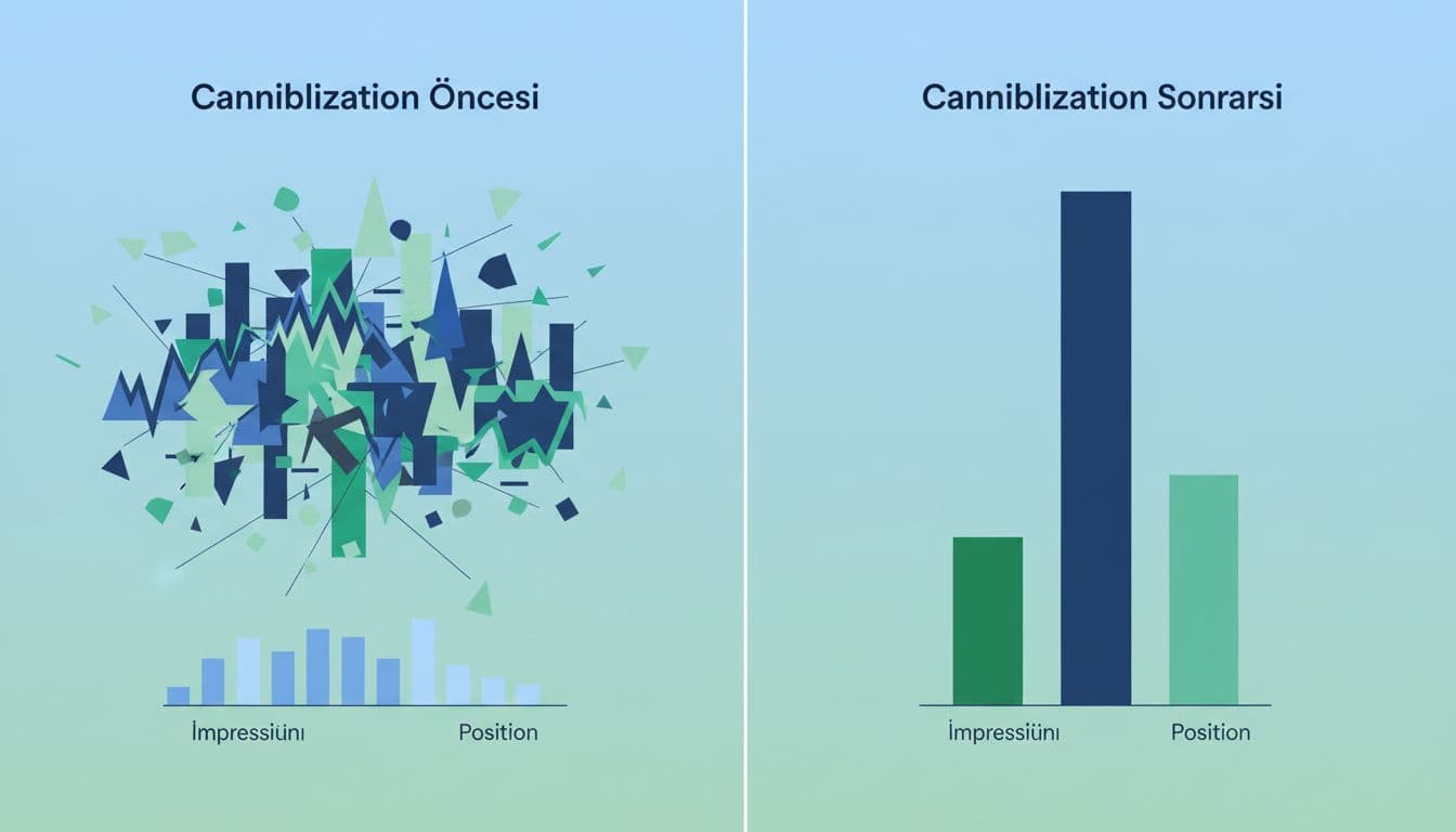 Before-after chart with left side chaotic overlapping keyword rankings and right side clean single-page dominance, plus bar graphs for impressions and positions.