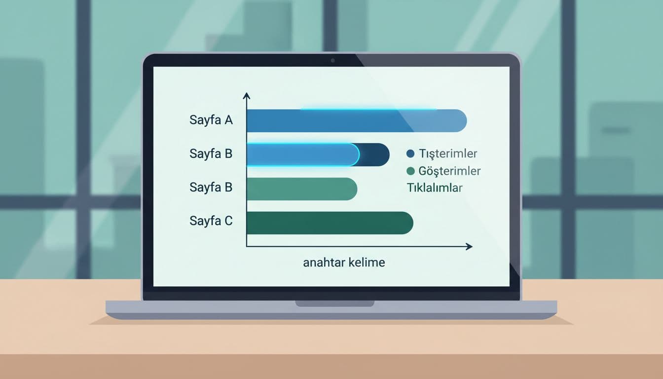 Laptop on office desk shows chart with overlapping bars for impressions and clicks across multiple pages competing for one keyword, main page highlighted.
