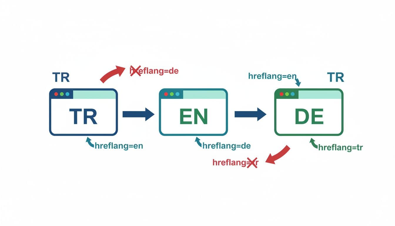 Diagram shows TR, EN, DE page icons linked by arrows with one broken arrow for missing reciprocal hreflang connection.