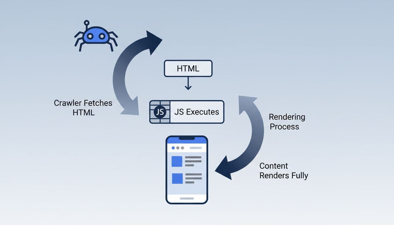 Flowchart shows Googlebot fetching HTML, JS execution, and full page rendering connected by arrows.