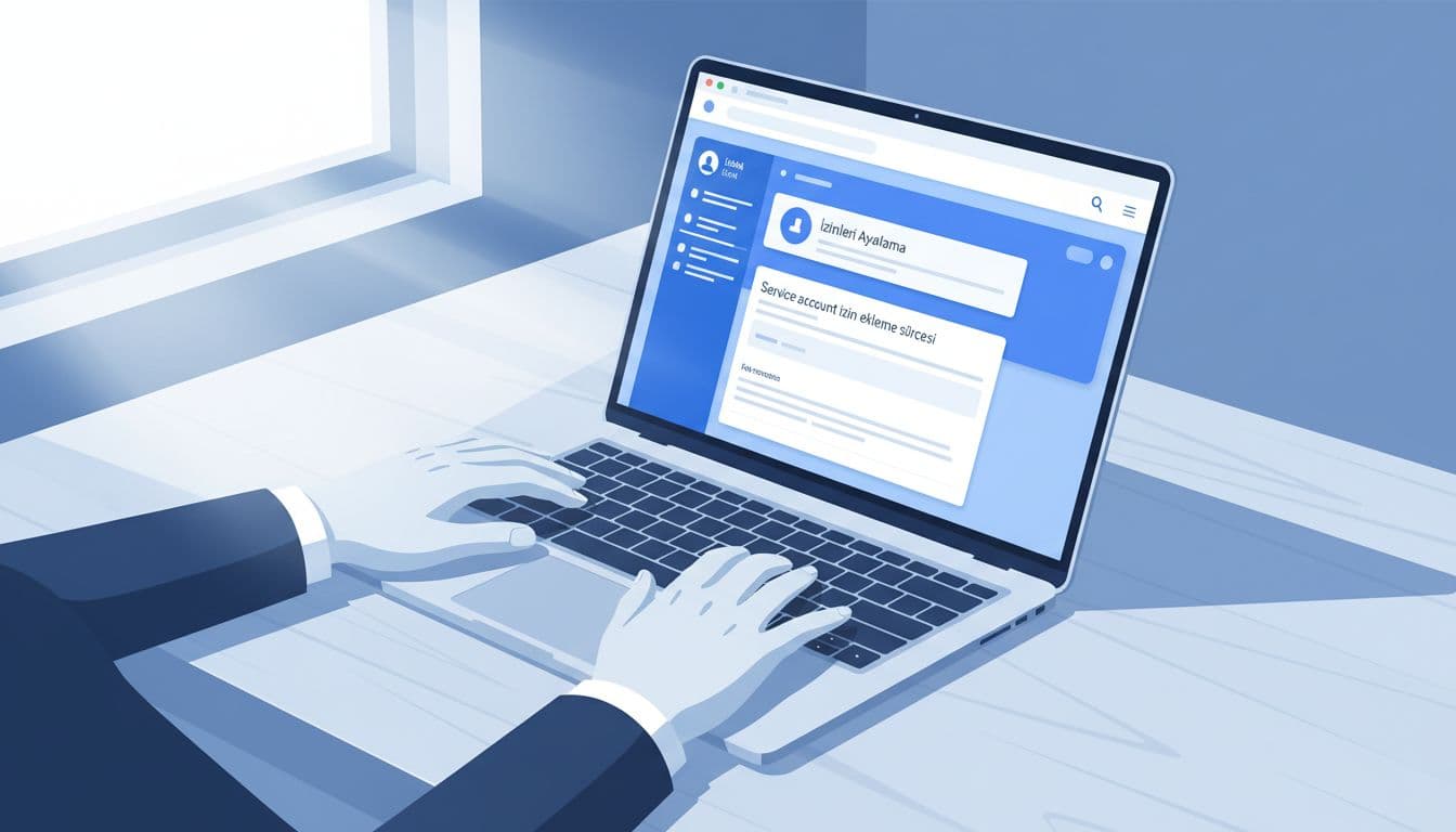 Professional at laptop with Google Cloud IAM console screen at slight angle, hands near keyboard on clean desk.