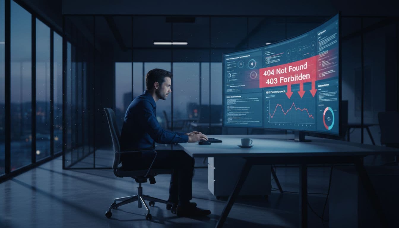 A professional examines website error reports on a digital screen in a modern office.