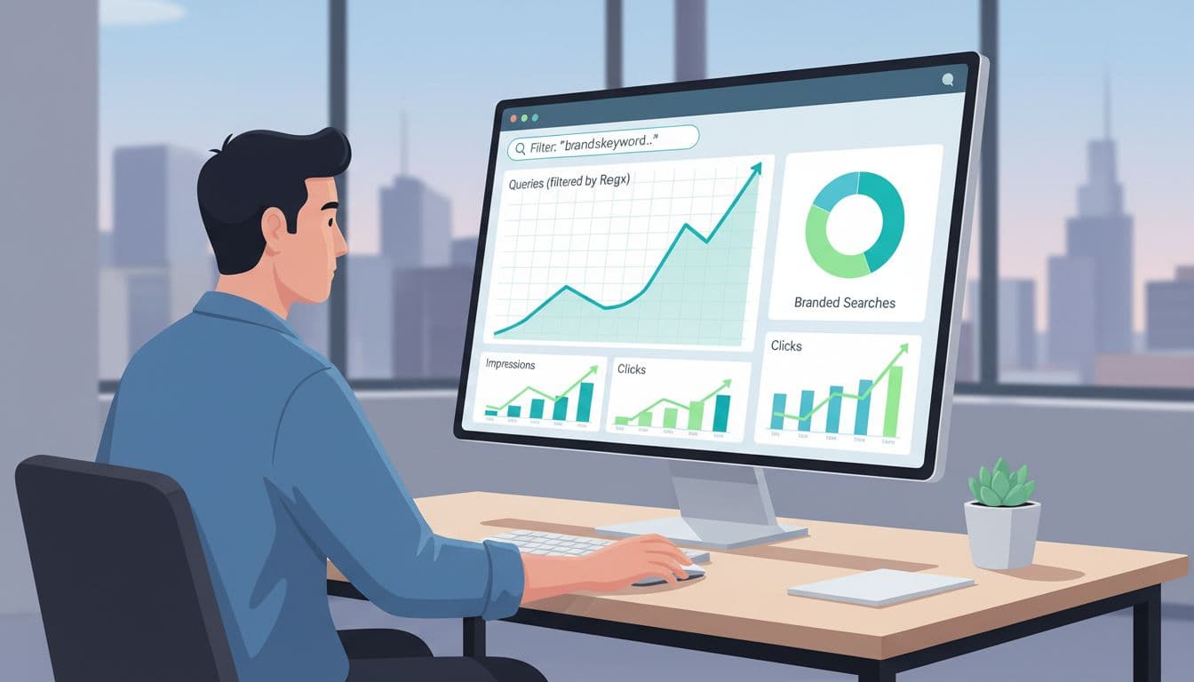 Office analyst reviews monitor showing Google Search Console dashboard with rising trend graphs for regex-filtered branded queries in blue-green palette.