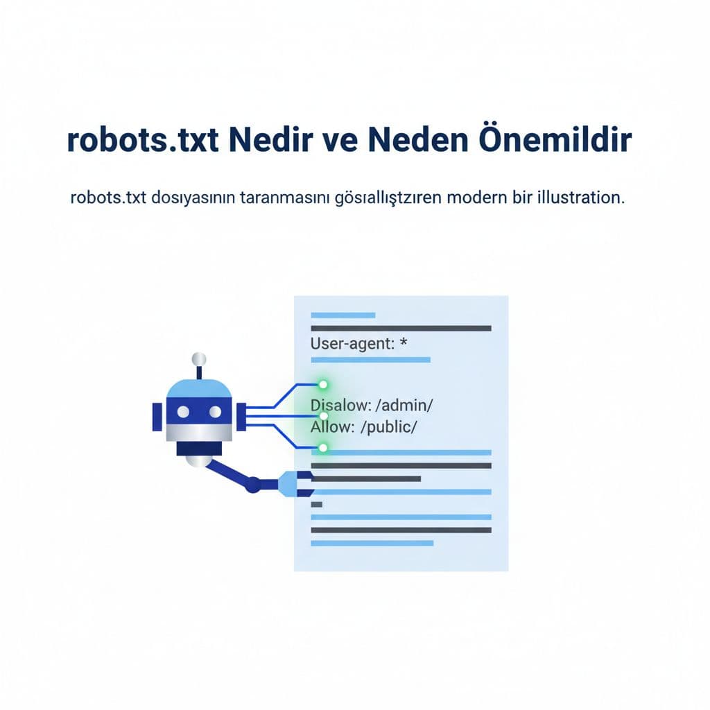 Digital robot symbol examines structured robots.txt file on clean background.