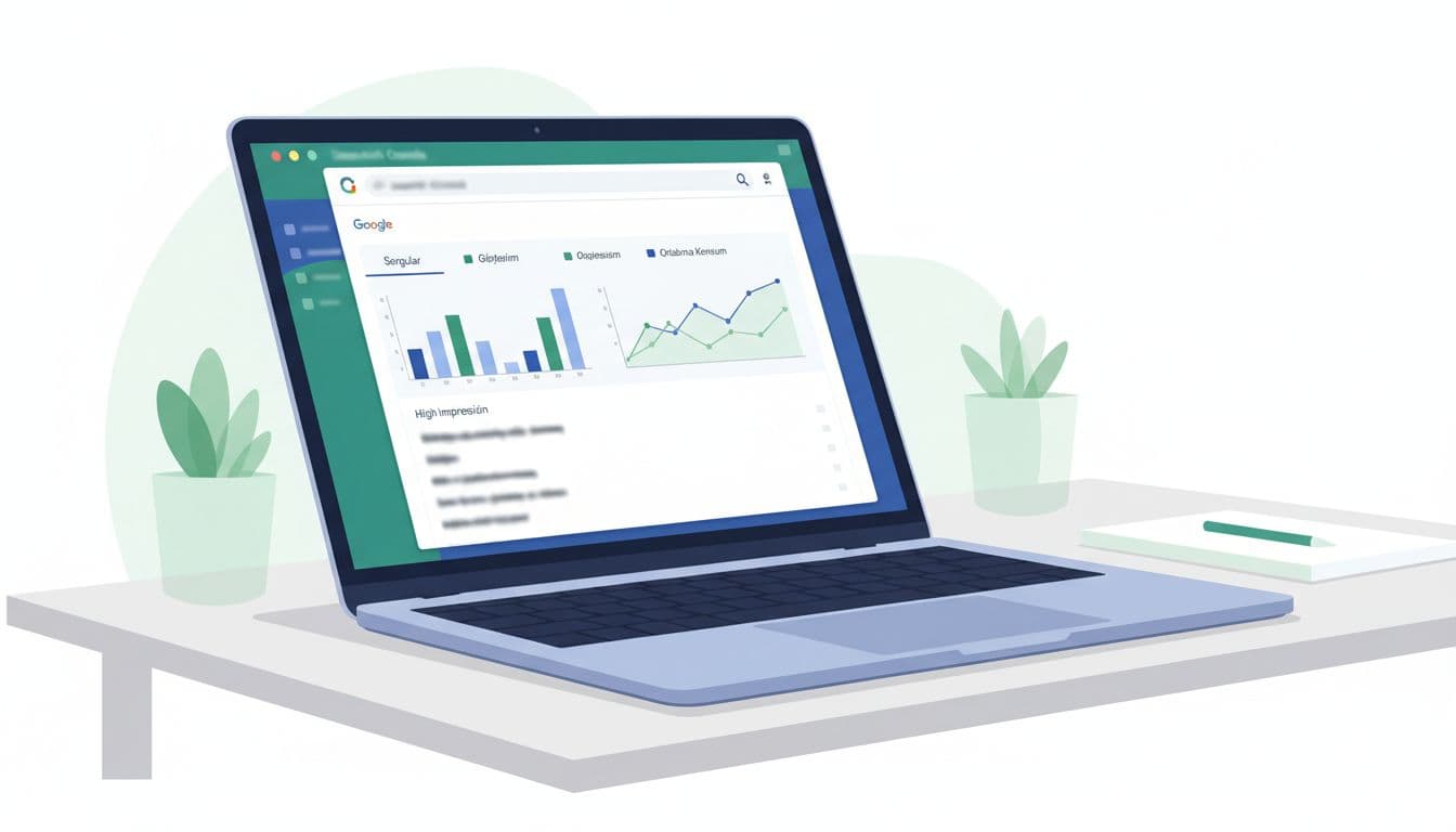 Laptop on desk shows angled screen with blurred Google Search Console performance report, queries tab, and charts.