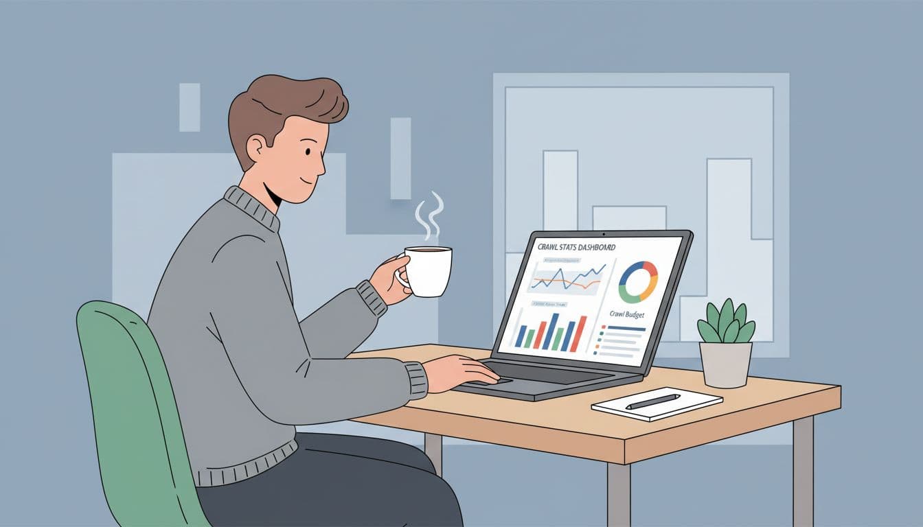 SEO expert at desk with laptop showing crawl stats dashboard, coffee cup in office.