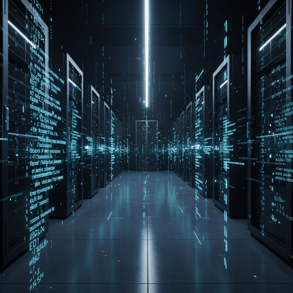 Rows of illuminated server hardware glow with vibrant blue and white light beams against a dark backdrop. Intricate floating digital code fragments swirl throughout the environment to visualize complex network traffic.