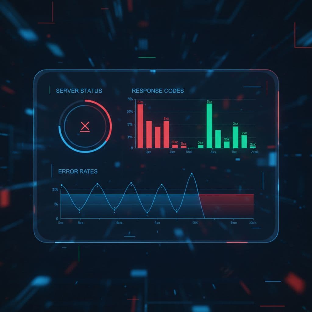A dark-themed technical dashboard displays various charts and graphs tracking server health metrics and error rates.