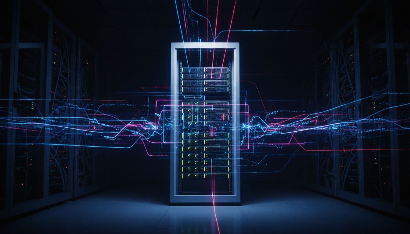 A single server rack stands illuminated in a dark room as glowing lines of blue and white light travel across the floor, symbolizing the flow of complex digital network data.