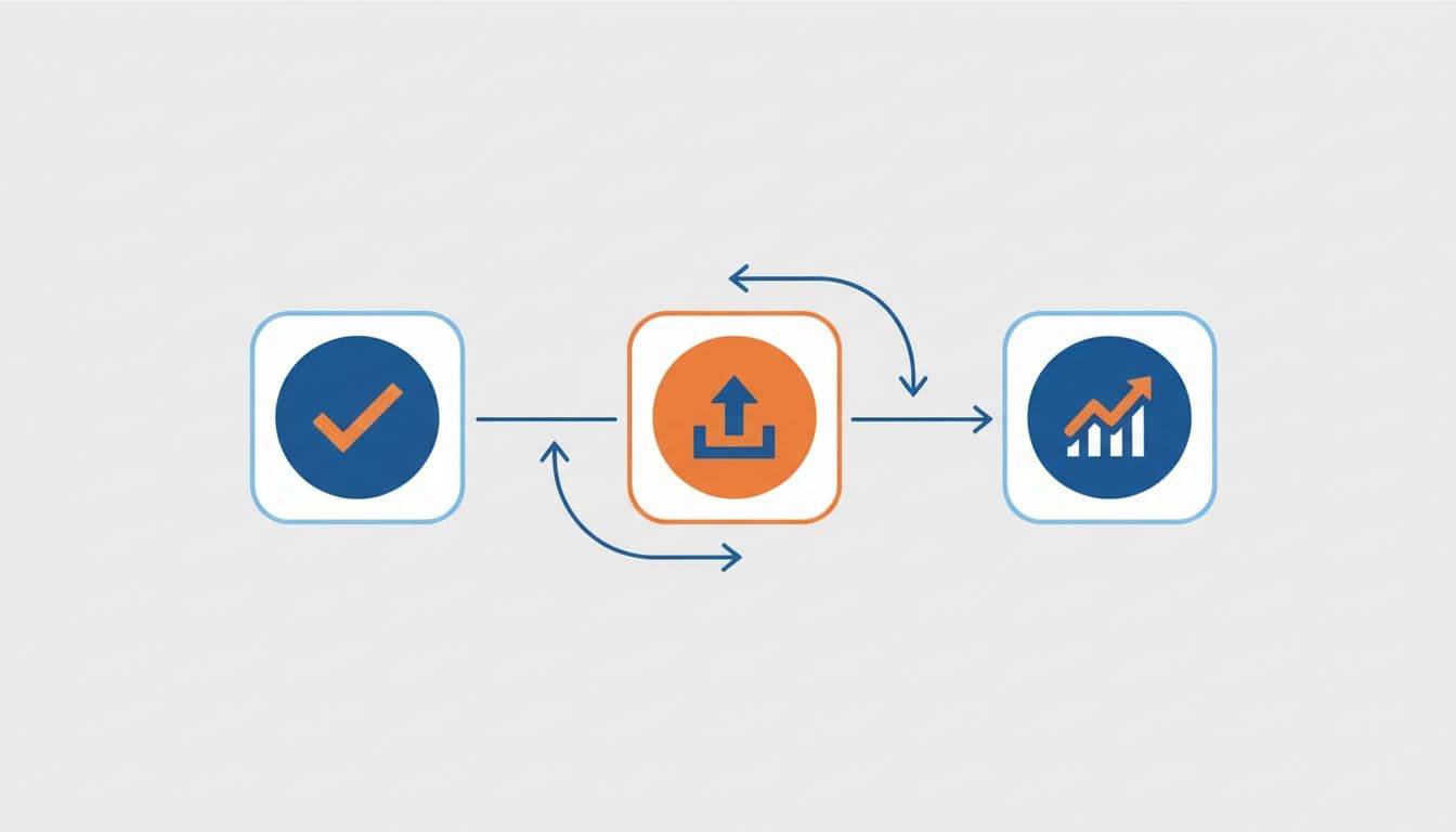 Horizontal workflow icons in oranges and blues show sitemap error fixes: checkmark validation, upload resubmission, upward graph monitoring.