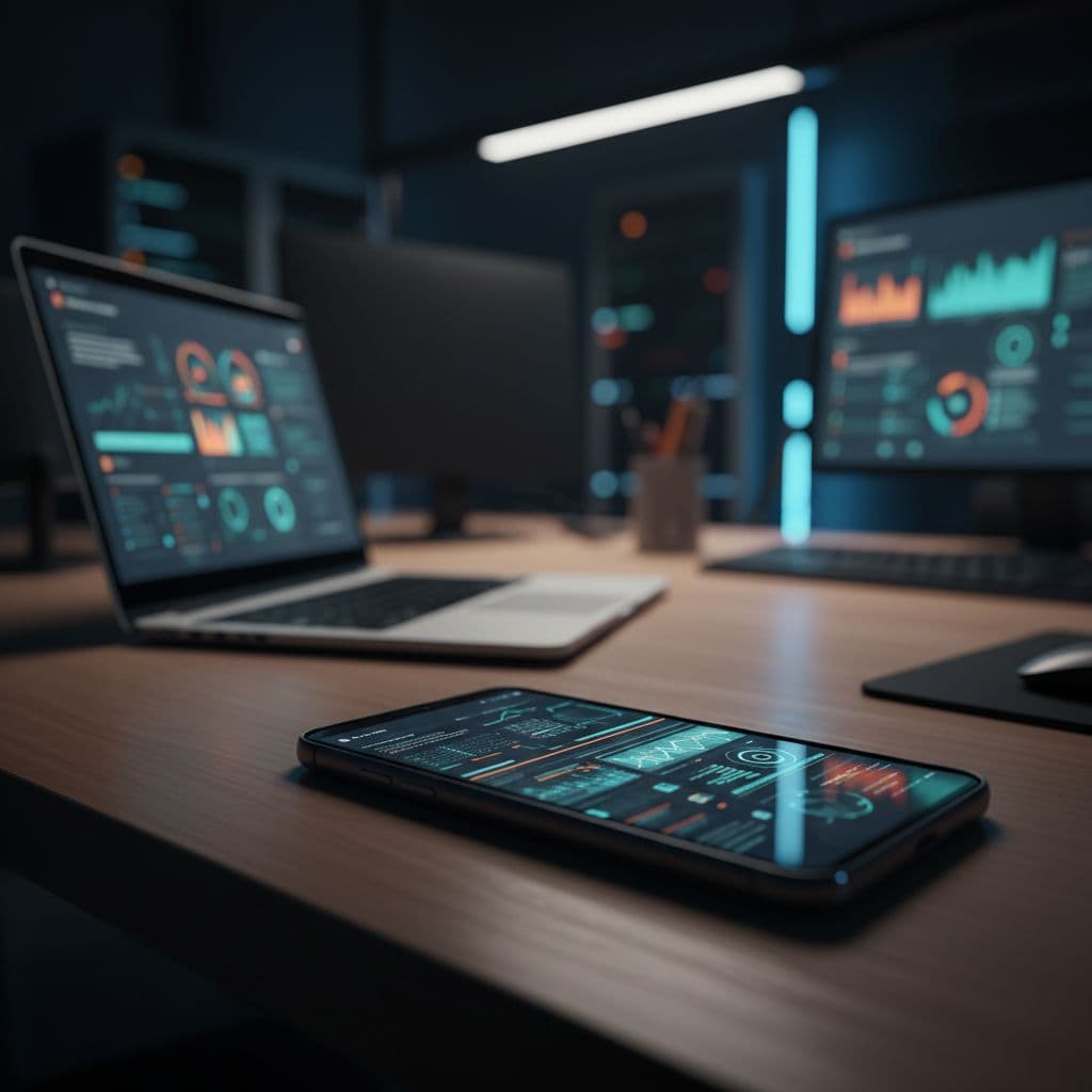 A modern smartphone and laptop on a desk display reflected charts during a technical SEO audit.