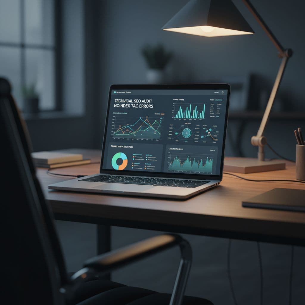 A laptop on an office desk shows complex technical data and analysis graphs under dramatic lighting.