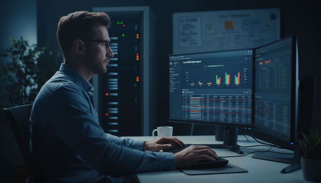 A focused professional analyzes web performance data on a computer screen in a modern office.