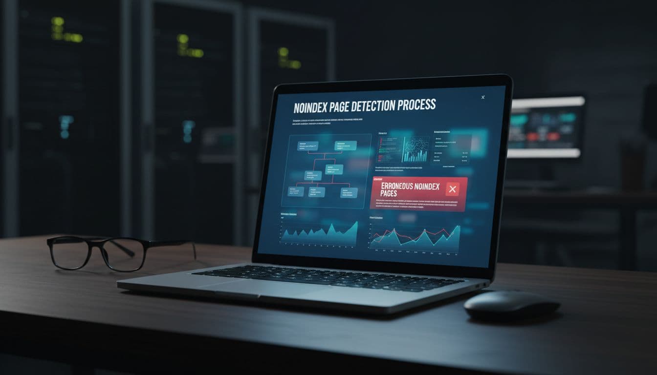 A laptop displays technical data and charts in a dimly lit, professional office environment.