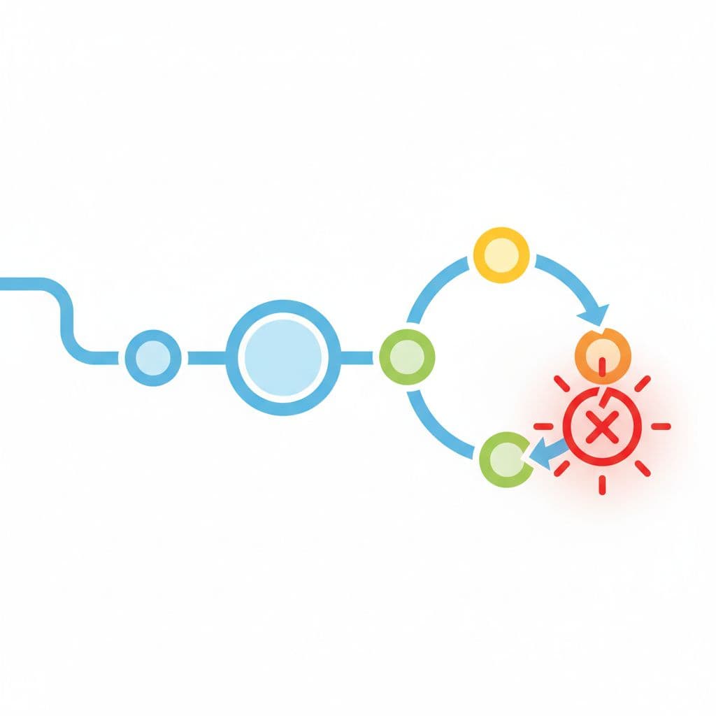 A minimalist diagram shows a path of connected nodes forming a circular loop with an error icon.
