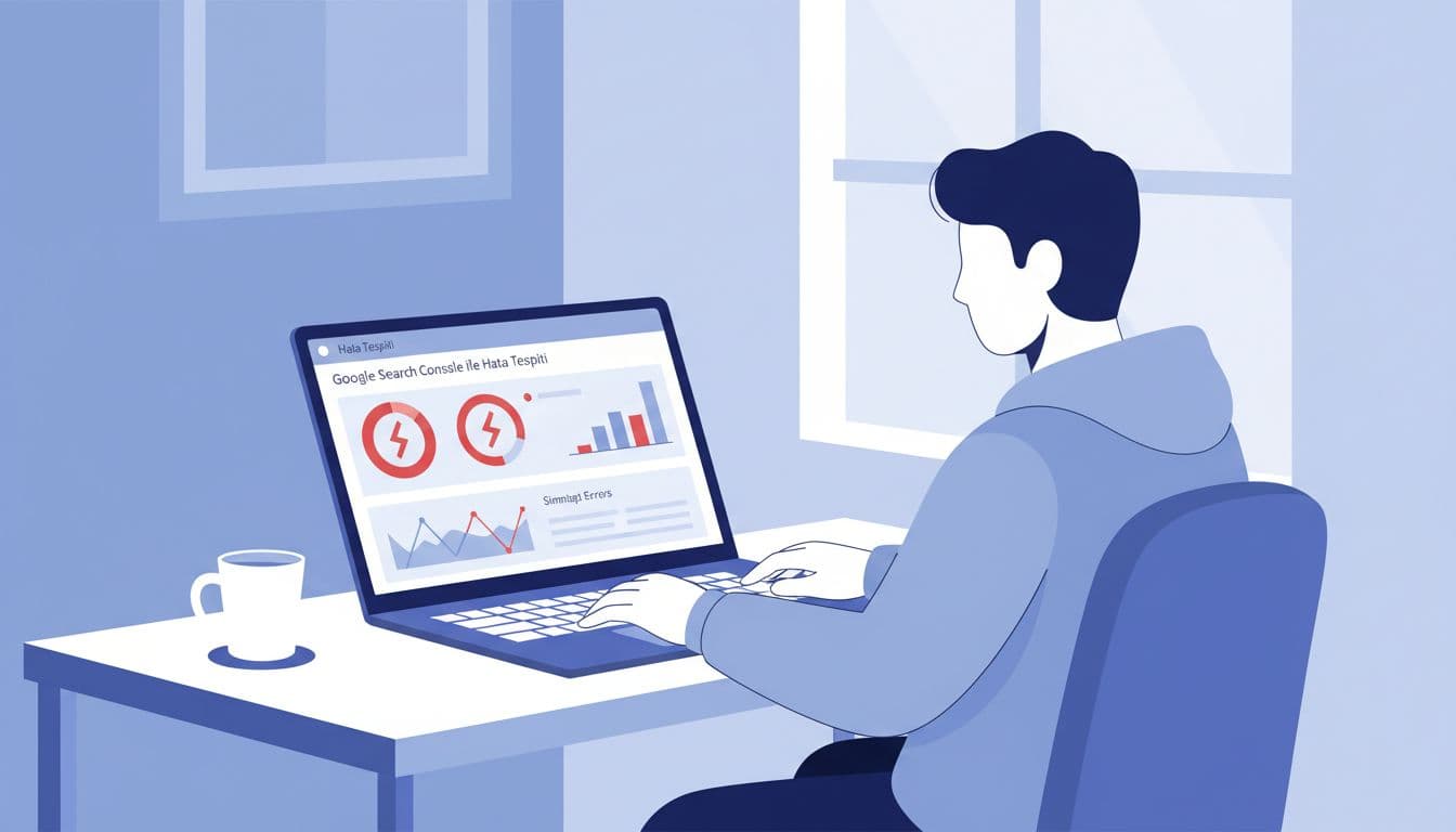 Web developer at desk views Google Search Console laptop screen with XML sitemap error icons and charts.