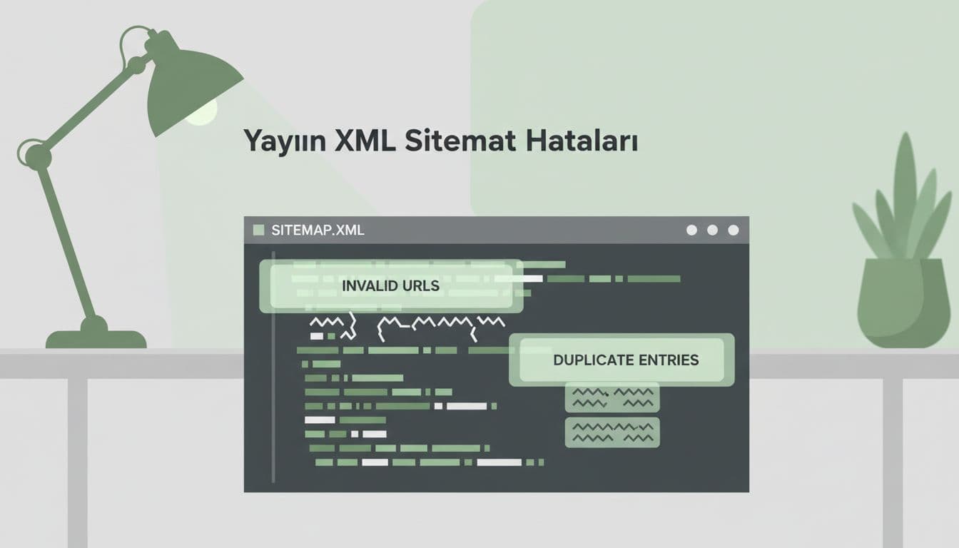 Close-up of XML sitemap code snippet in editor with highlighted invalid URLs and duplicates on simple desk.