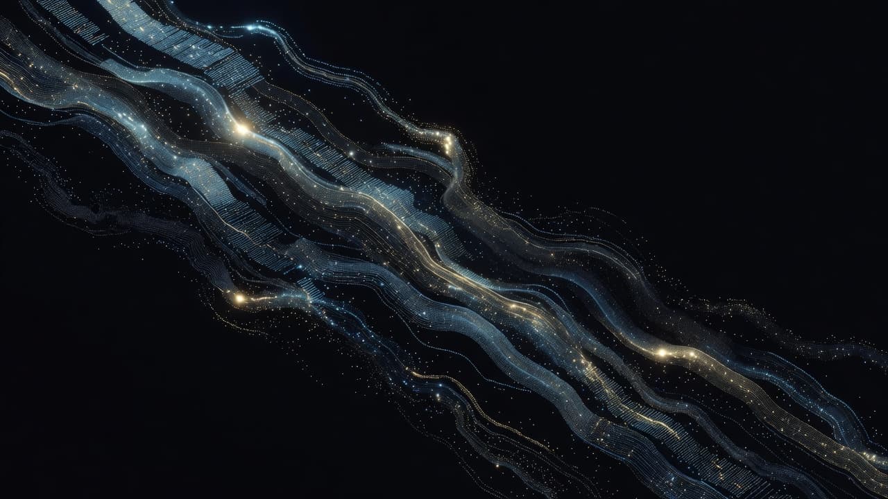Glowing blue and gold particles flow across a dark background, representing digital data streams and web resource prioritization. Dynamic light highlights trace intricate paths through the abstract high-speed network environment.