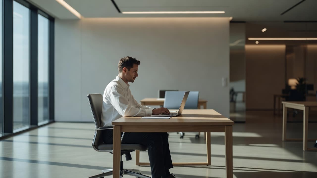 A focused professional sits at a minimalist wooden desk within a bright office. They operate a clean laptop while bathed in natural light that creates strong, dramatic shadows across the space.
