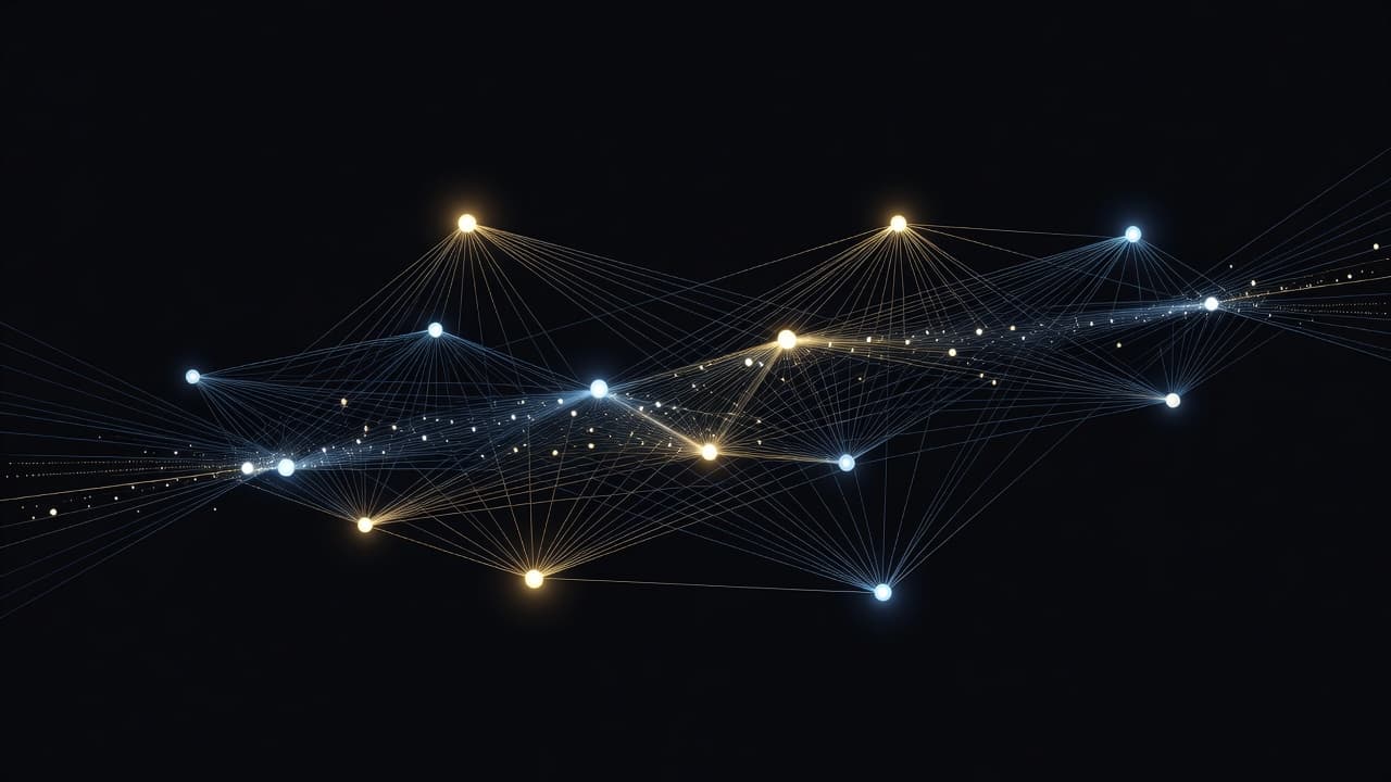 Glowing blue and golden lines interconnect at bright nodes against a dark backdrop. This intricate graphic illustrates complex digital pathways, representing dynamic server responses and efficient browser caching processes within modern architecture.