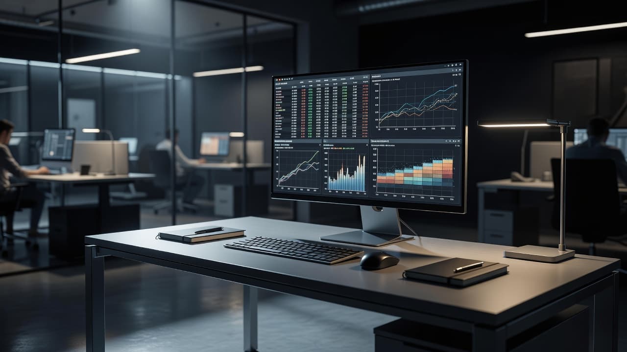 A clean desk features a modern workstation displaying complex data charts and tables on a large monitor. The soft-focus background emphasizes an organized, professional environment optimized for high-level information processing.