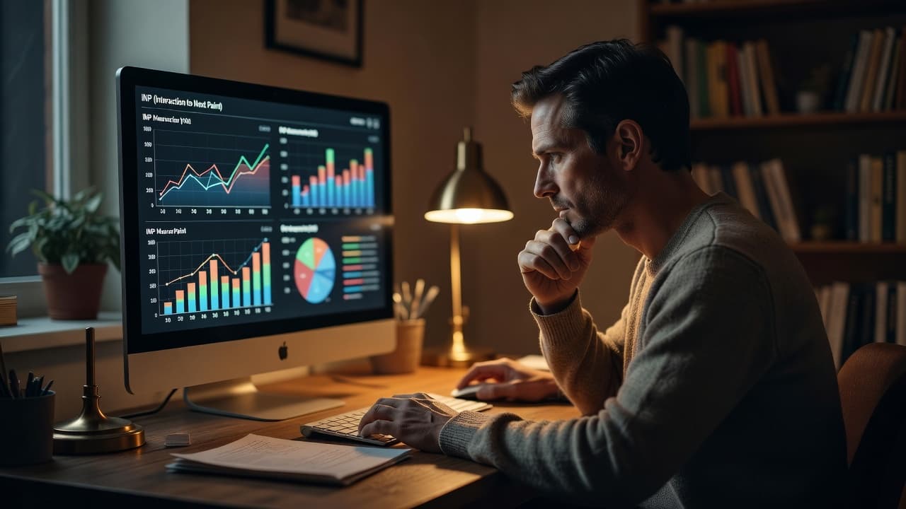 A focused developer sits in a dimly lit, cozy home office, reviewing abstract data charts on a computer monitor. Warm ambient light illuminates the workspace, emphasizing the concentrated digital analysis process.
