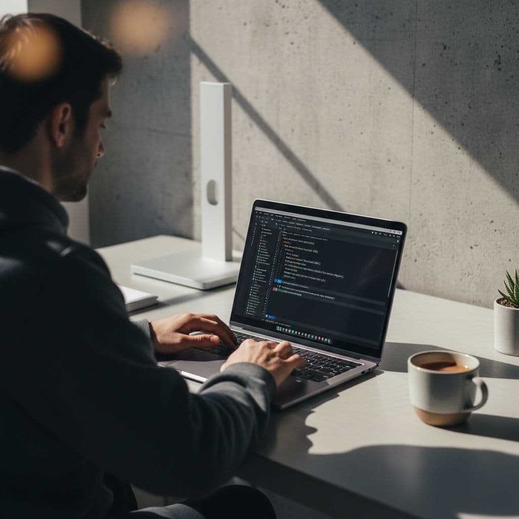 A focused developer types on a slim laptop screen inside a minimalist office. Sharp depth of field highlights lines of code while cinematic lighting accentuates the clean, dark professional workstation environment.