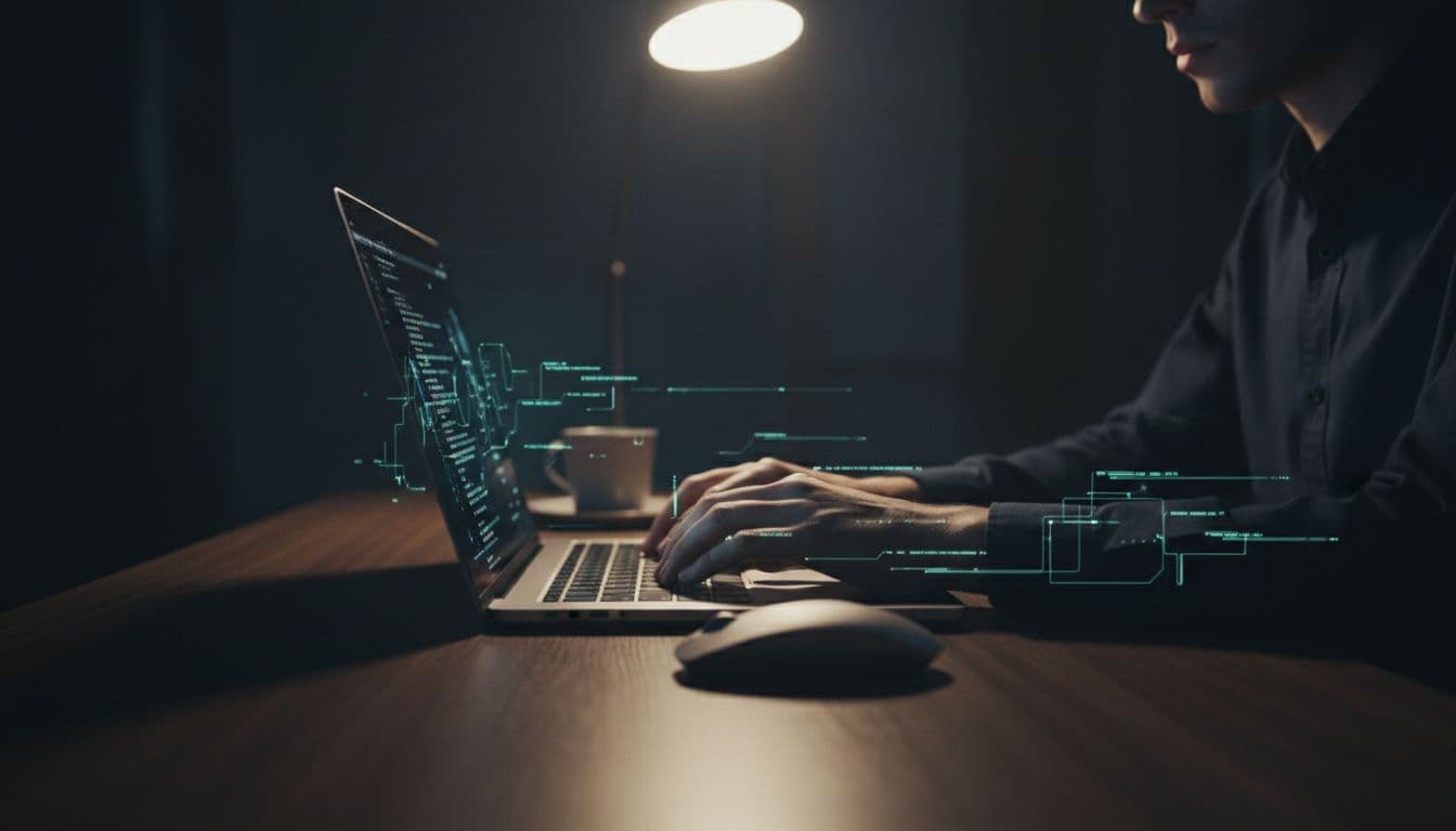 A focused developer sits at a clean desk in a dark office, their hands typing on a laptop. Abstract code patterns reflect softly against the glowing screen in the dim lighting.