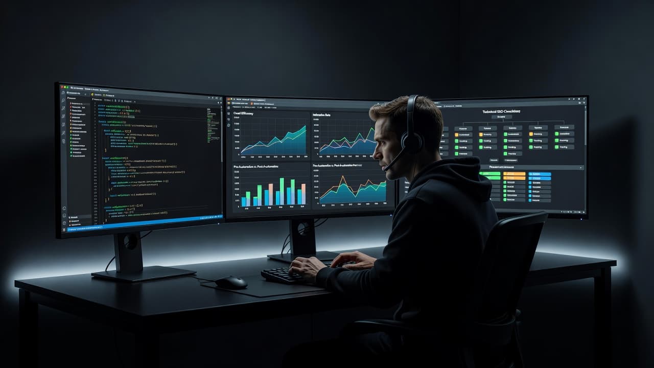 A software developer sits before glowing monitors displaying complex code and data visualizations. The darkened room features sharp contrast from the screens, highlighting a professional technical setup for SEO auditing processes.