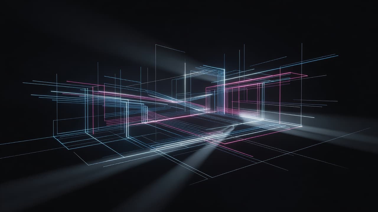 Glowing geometric lines form a complex abstract structure against a deep black void. Intense high-contrast lighting highlights the intricate framework, creating a sense of depth and technical precision in the design.