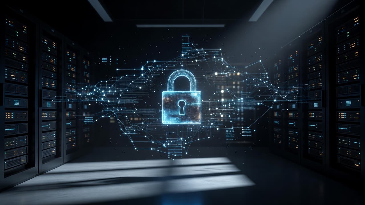 A radiant holographic padlock icon glows amidst a dark, sophisticated environment featuring complex network data streams. Soft blue light emanates from the center, casting a sharp contrast against the deep shadows.