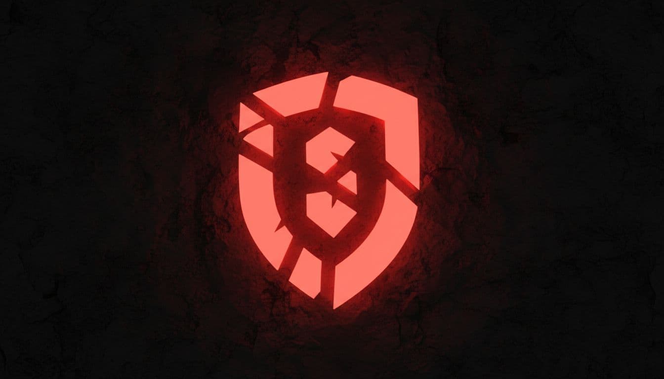 A sharp, glowing red abstract symbol floats against a dark, industrial textured wall. Strong directional light emphasizes the jagged edges of the icon while casting deep, dramatic shadows behind the form.